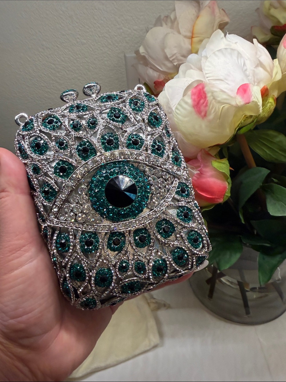 Evil Eye Jeweled Clutch - Silver & Emerald Green